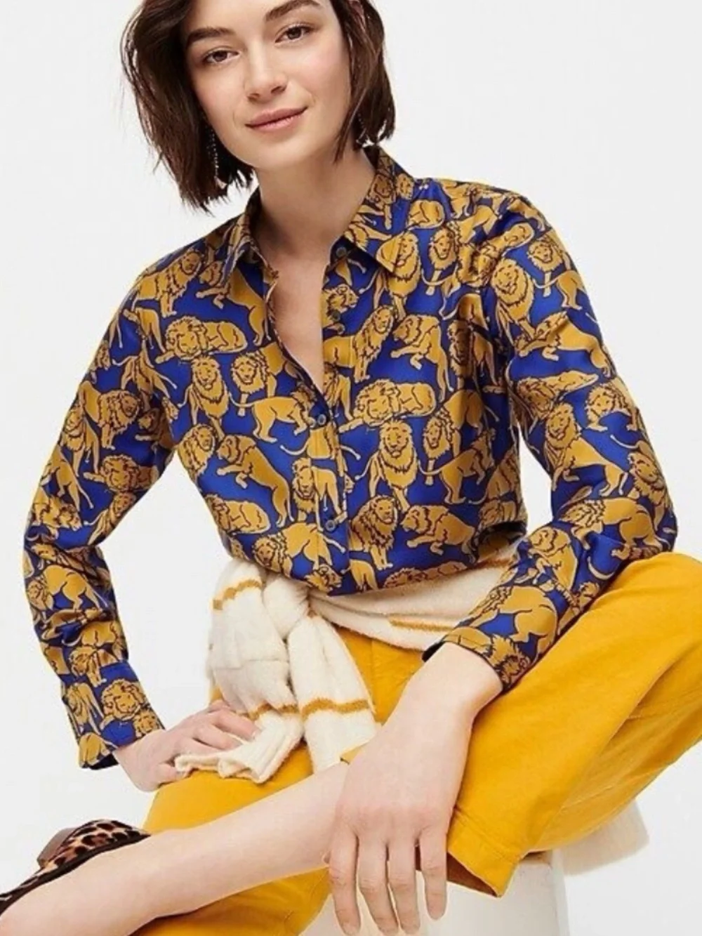 J. Crew Collection Silk Sleepy Lion Button Down Shirt